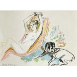 ISHBEL McWHIRTER RCA (British, b. 1927) pastel - reclining female nude with dog, signed, 27 x