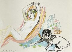 ISHBEL McWHIRTER RCA (British, b. 1927) pastel - reclining female nude with dog, signed, 27 x