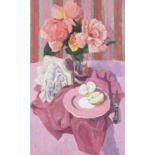 ‡ BRYN RICHARDS oil on canvas - still-life of flowers in a vase, apples and wall-sconce, signed,