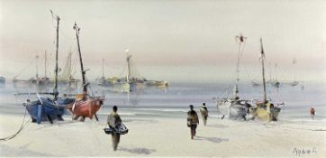 ‡ JORGE AGUILAR-AGON (Spanish, 1936-2020) oil on canvas - figures on a beach with fishing boats,