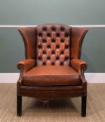 18TH CENTURY-STYLE LEATHER WING-BACK ARMCHAIR, with brown leather button upholstered back and