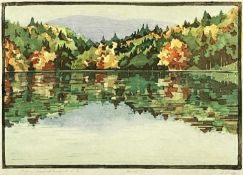 DAGMAR HOOGE (German, 1870-1930) woodcut - landscape with lake and trees entitled 'Herbst' (Autumn),