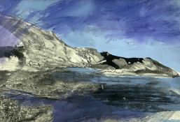 ‡ RONALD LOWE (1932-1985) mixed media - coastal scene with peninsula, unsigned, 20 x 28cms