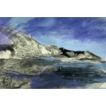 ‡ RONALD LOWE (1932-1985) mixed media - coastal scene with peninsula, unsigned, 20 x 28cms