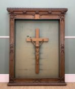 LARGE ECCLESIATICAL CARVED OAK NOTICE BOARD, with gothic borders, lined in green baize (faded) and