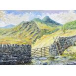 ‡ NIGEL MORGAN (Welsh Contemporary) oil on board - mountainscape with stone wall, gate and sty,