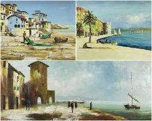 THREE OILS ON BOARD, Mediterranean scenes, two signed 'R. Witchard', 55 x 90cms, 47 x 59cms, and