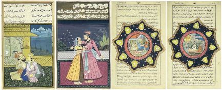 TWO MUGHAL-STYLE MINATURES & TWO PERSIAN-STYLE MINIATURES ON MANUSCRIPT PAPER, Mughal-style