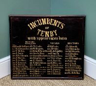 UNUSUAL CHURCH OF WALES (TENBY) NAME BOARD, lettered in gilt and entitled 'Incumbents of Tenby',