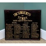 UNUSUAL CHURCH OF WALES (TENBY) NAME BOARD, lettered in gilt and entitled 'Incumbents of Tenby',