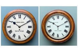 TWO WELSH DIAL CLOCKS, c. 1930s, from Rhondda Valley schools, with painted metal dials inscribed 'W.