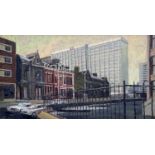 BRYN RICHARDS oil on board - Cardiff cityscape with the imposing building 'Brunel House',