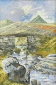 ‡ NIGEL MORGAN (Welsh Contemporary) oil on board - mountain stream with stone bridge, entitled verso