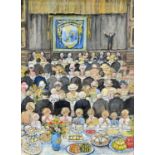 ‡ IRENE THOMAS (Welsh, b. 1930) oil on board - Methodist Hall tea party, signed, 59 x 43.