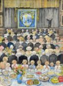 ‡ IRENE THOMAS (Welsh, b. 1930) oil on board - Methodist Hall tea party, signed, 59 x 43.