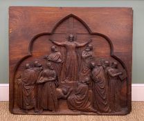 20TH CENTURY RELIEF CARVED OAK PANEL, depicting the resurrection of Christ with Apsostles, 89.5 h