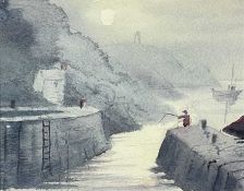 ‡ ALUN DAVIES (Contemporary Welsh) watercolour - fisherman on harbour wall, entitled verso 'Harbwr