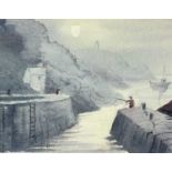 ‡ ALUN DAVIES (Contemporary Welsh) watercolour - fisherman on harbour wall, entitled verso 'Harbwr