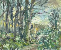 ‡ WARREN S HEATON (Contemporary) oil on panel - landscape entitled verso 'Stackpole Woods',