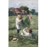 WILLIAM MALIPHANT (Welsh, 1862-1932) watercolour - two young boys playing in field with cut grass,