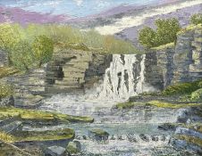 ‡ NIGEL MORGAN (Welsh Contemporary) oil on board - mountain stream and waterfall, entitled verso '