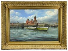 T. WHITFIELD (20TH CENTURY) oil on board - Pierhead building and side paddlesteamer 'Westonia'
