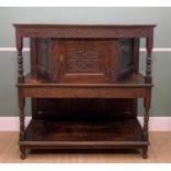 ELIZABETHAN-STYLE OAK COURT CUPBOARD, later carved, with scrollean foliate frieze, above cupboard,