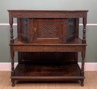 ELIZABETHAN-STYLE OAK COURT CUPBOARD, later carved, with scrollean foliate frieze, above cupboard,