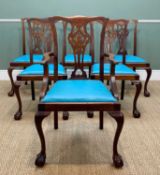 SET SIX GEORGIAN-STYLE MAHOGANY DINING CHAIRS, interlaced splats, blue dropin seats, cabriole