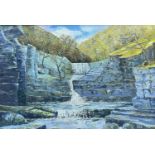 ‡ NIGEL MORGAN (Welsh Contemporary) oil on board - waterfall flanked by woodland, Neath Valley,