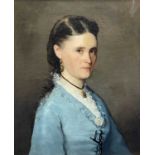 19TH CENTURY CONTINENTAL SCHOOL oil on canvas - half length portrait of a lady, in a blue dress with