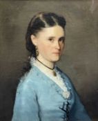 19TH CENTURY CONTINENTAL SCHOOL oil on canvas - half length portrait of a lady, in a blue dress with
