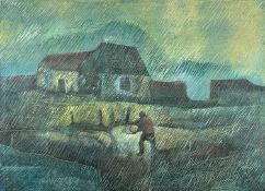 JOHN FARRINGTON (Welsh, b. 1933) mixed media on canvas - figure working at dusk in rainstorm, with