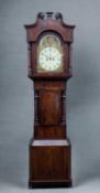 EARLY 19TH CENTURY MAHOGANY LONGCASE CLOCK, painted moonphase dial with Arabic numerals, swan neck