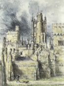 ‡ MARY TRAYNOR (Welsh, b.1934) ink and watercolour - figure with dog beside castle wall, signed