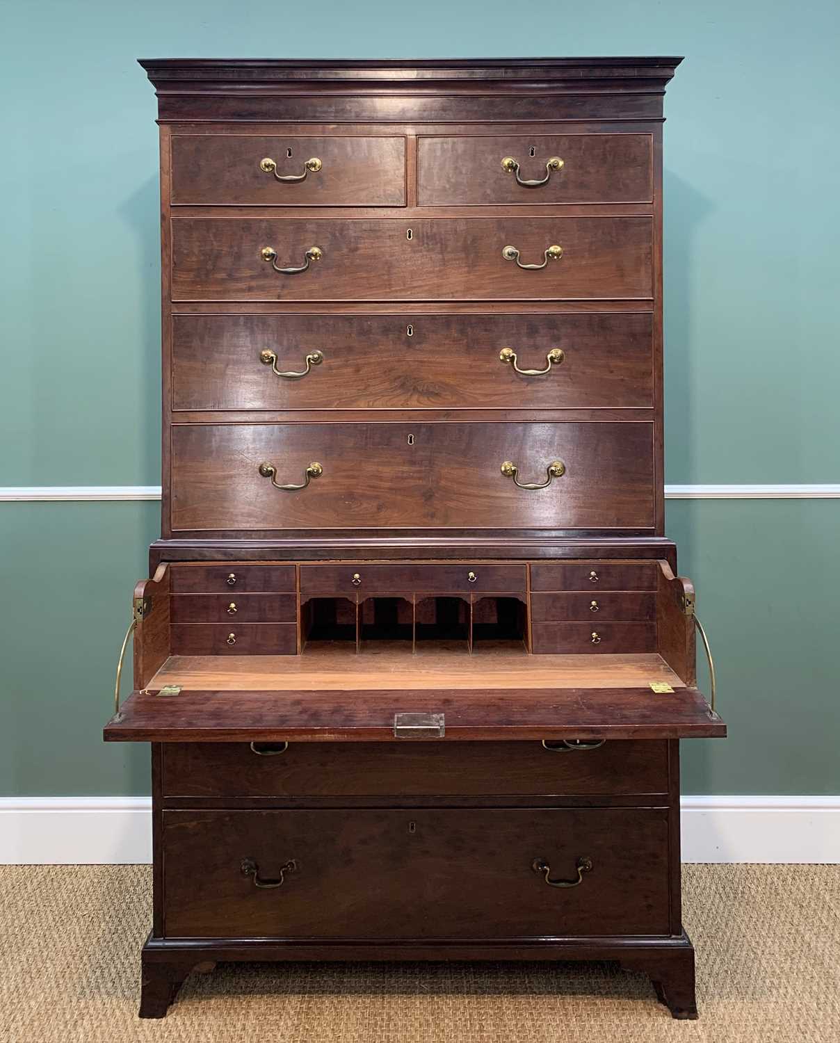 19TH CENTURY MAHOGANY SECTRETAIRE TALLBOY CHEST, shallow cornice, plain frieze, fitted with an - Image 2 of 7