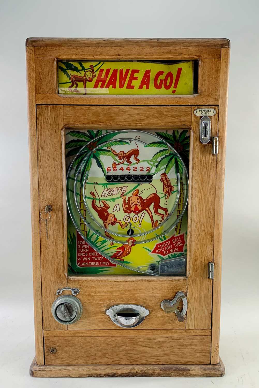 OLIVER WHALES ALLWIN PENNY SLOT PINBALL MACHINE, 'Have A Go', with keys, 80cms highComments: