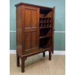 19TH CENTURY MAHOGANY CUPBOARD ON STAND, moulded cornice above panelled doors, raised on canted
