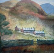 ‡ OLIVE KNIGHT (Contemporary) oil on board - entitled 'Hillside Cottages', signed, 29 x