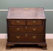 GEORGE III OAK & MAHOGANY CROSSBANDED BUREAU, angled fall enclosing fitted interior of drawers,