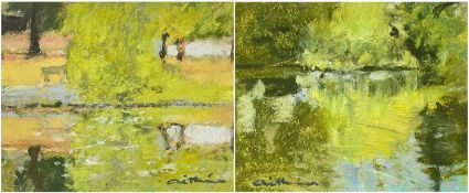 ‡ PATRICIA AITHIE (Welsh, b. 1957) oil on pastels - two impressionistic views of Roath Park,