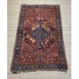 SHIRAZ TRIBAL RUG, red, blue, and cream, lozenge pendant medallion, inside field with geometric