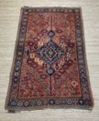 SHIRAZ TRIBAL RUG, red, blue, and cream, lozenge pendant medallion, inside field with geometric