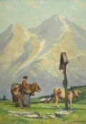 ‡ WALTER ASHWORTH (1883-1952) oil on board - 'An Italian Landscape', cowherd with two cows in an