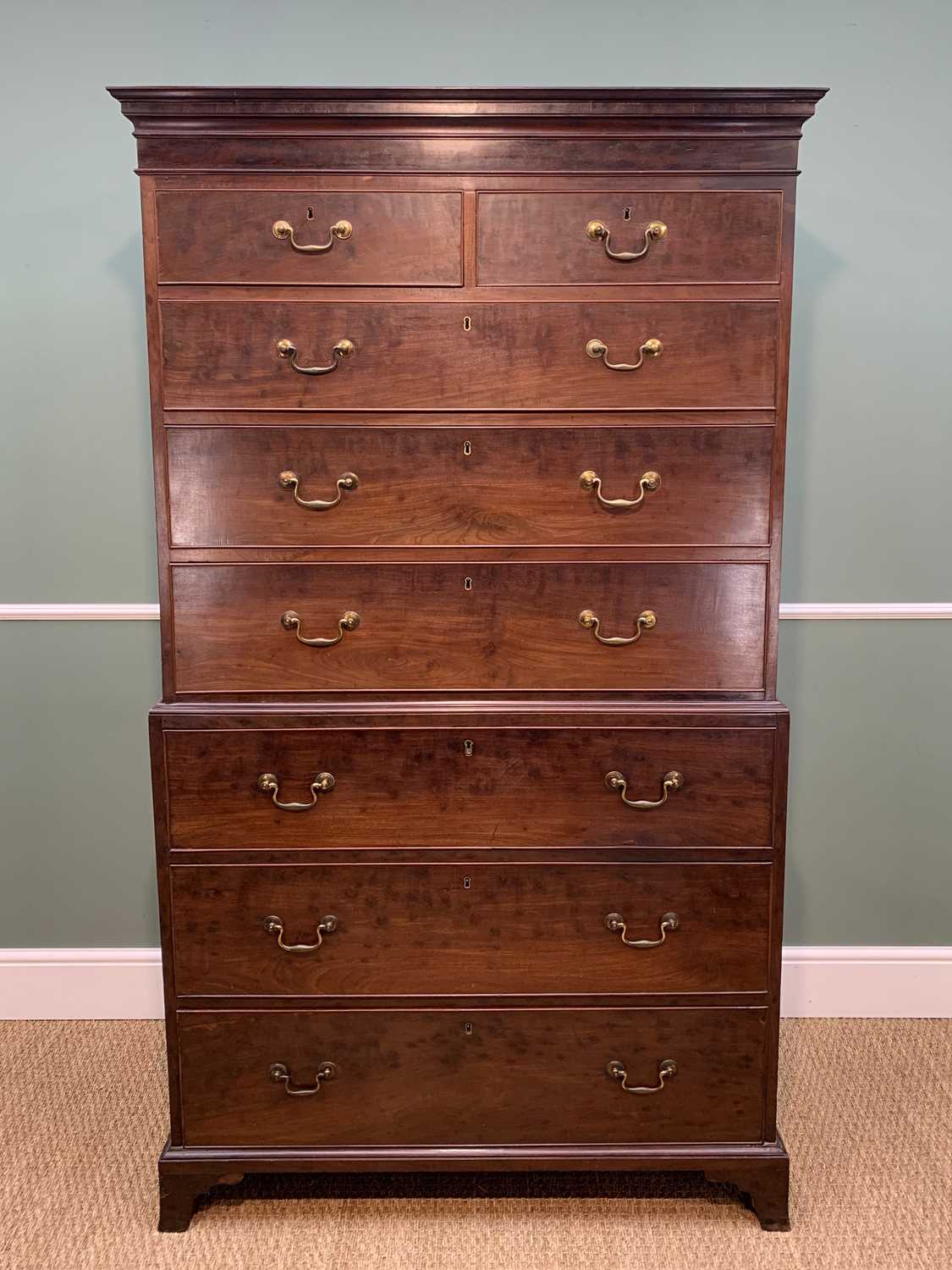 19TH CENTURY MAHOGANY SECTRETAIRE TALLBOY CHEST, shallow cornice, plain frieze, fitted with an