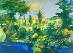 ‡ RONALD LOWE (1932-1985) oil on board - mediterranean coastal scene with village behind trees,