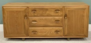 ERCOL WINDSOR LIGHT ELM SIDEBOARD - having three central drawers flanked by two cupboard doors,
