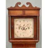 CIRCA 1840 INLAID OAK & MAHOGANY LONGCASE CLOCK - painted dial marked Denbigh, eight day bell strike