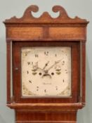 CIRCA 1840 INLAID OAK & MAHOGANY LONGCASE CLOCK - painted dial marked Denbigh, eight day bell strike