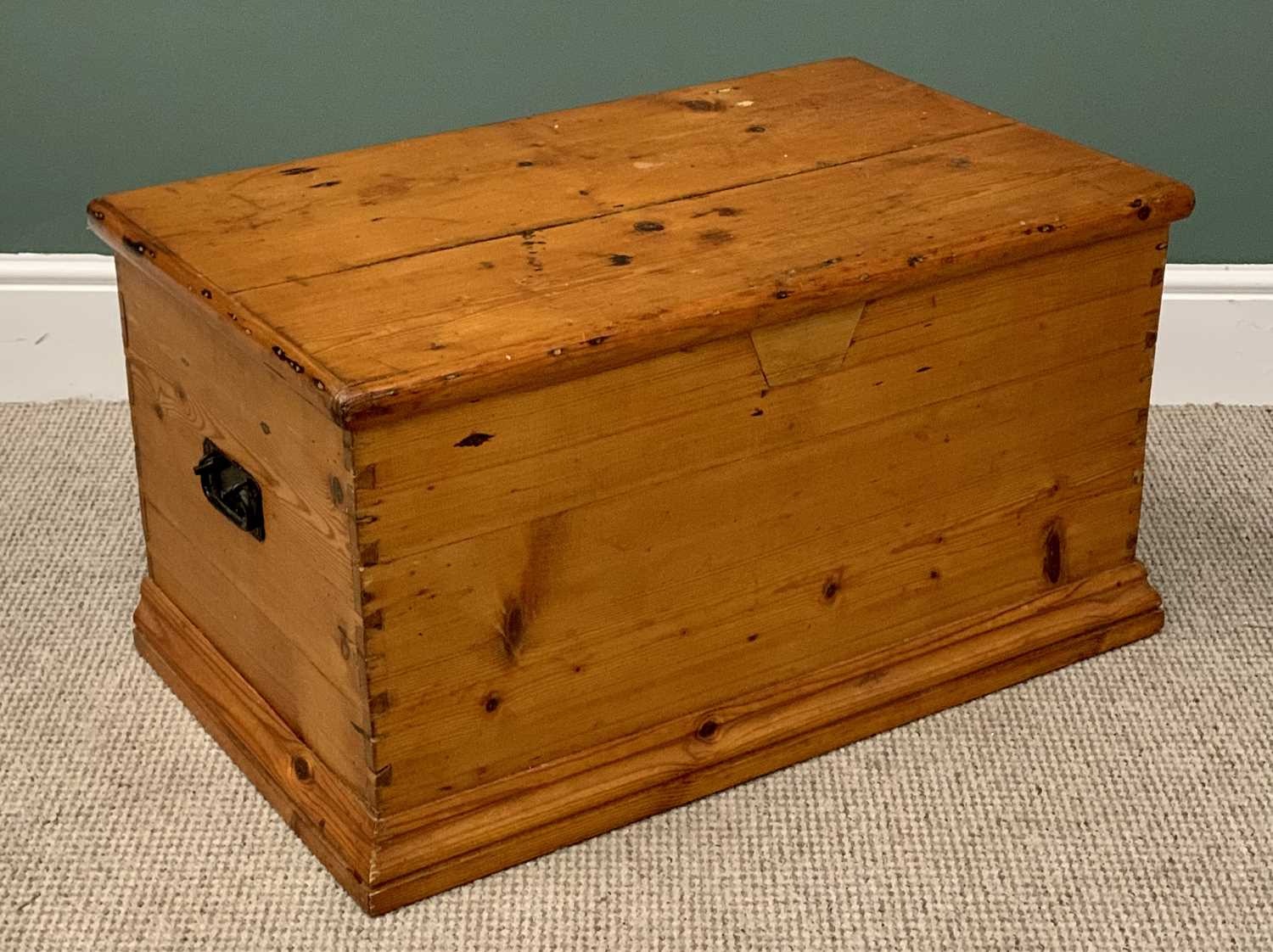 ANTIQUE STRIPPED PINE BLANKET CHEST - with lift-up lid, interior candle box, iron end carrying - Image 2 of 3